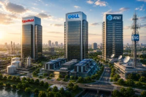 Aerial view of three glass-clad office towers with ExxonMobil, Dell, and AT&T logos at sunset, surrounded by roads and green space along a river.