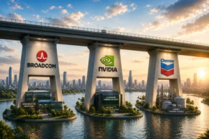 Bridge pillars over a river feature Broadcom, Nvidia, and Chevron logos with a city skyline at sunset in the background.