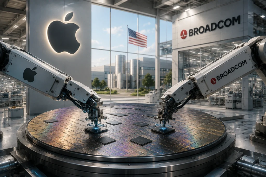 Two robotic arms handle semiconductor wafers on a round platform inside a high-tech Apple facility with Broadcom branding visible and an American flag outside.