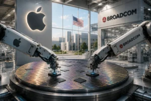 Two robotic arms handle semiconductor wafers on a round platform inside a high-tech Apple facility with Broadcom branding visible and an American flag outside.