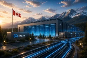 Meta data center at sunset beside snow-capped mountains, with a Canadian flag and blue-lit servers visible.