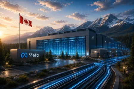 Meta data center at sunset beside snow-capped mountains, with a Canadian flag and blue-lit servers visible.