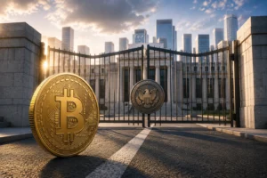 Gold Bitcoin coin in the foreground with a gated government building and sunrise in the background, suggesting cryptocurrency and security.