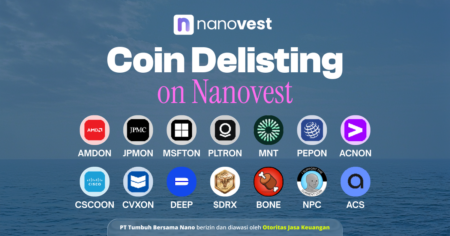 Nanovest hero banner announcing coin delisting, displaying multiple exchange logos in a row over a sea background with a curved caption bar at bottom.