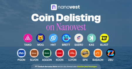 Banner announcing coin delisting on Nanovest with a row of crypto logos over a blue ocean background and a rounded caption at bottom (Indonesian text).
