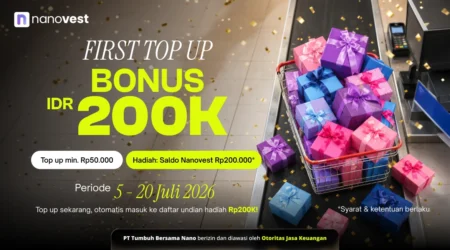 Promo banner for Nanovest: a shopping cart overflowing with colorful gift boxes and gold confetti, with bold text announcing a 'FIRST TOP UP BONUS IDR 200K' and period '5 - 20 Juli 2026'.