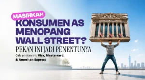 Seorang pria mengangkat gedung berkolom seperti bank Wall Street di atas kepala di latar kota, dengan teks promosi berwarna ungu di kiri: pembahasan tentang apakah konsumen AS menopang Wall Street.