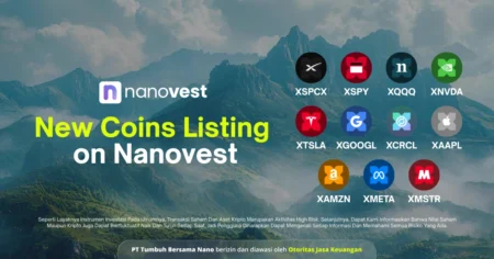 Nanovest banner announcing 'New Coins Listing on Nanovest' with a grid of cryptocurrency logos over a mountain background, conveying new coin listings.