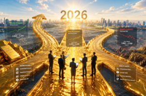 Business team on a glowing golden road to 2026, with floating market scenario panels (bullish, baseline, bearish) and charts.