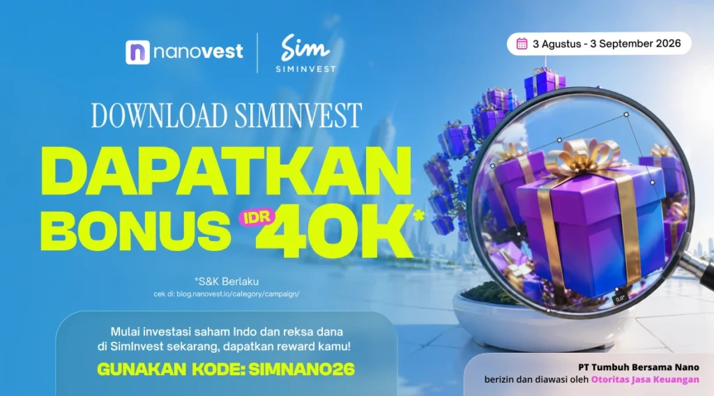 Download SimInvest, Dapatkan Cashback Rp40.000*! Promotional banner for SimInvest: download to get a 40K bonus, with gift-box graphics and a magnifying glass.