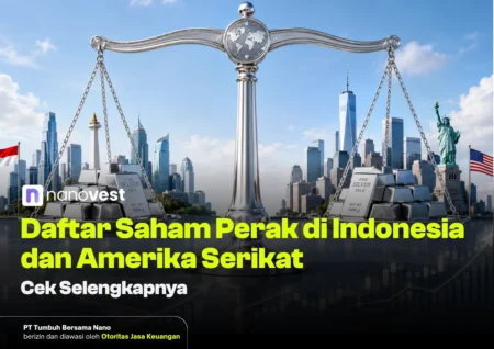 7+ Daftar Saham Perak Potensial di Indonesia & AS Promotional banner with a large silver balance scale over a city skyline, silver bars on both pans, Indonesian and US flags, and bold yellow headline: 'Daftar Saham Perak di Indonesia dan Amerika Serikat' with 'Cek Selengkapnya'.