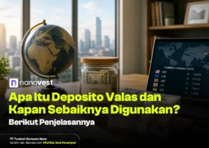 Thumbnail for an article about currency deposits: globe, jar of cash, and a laptop showing exchange rates with bold Indonesian headline text.