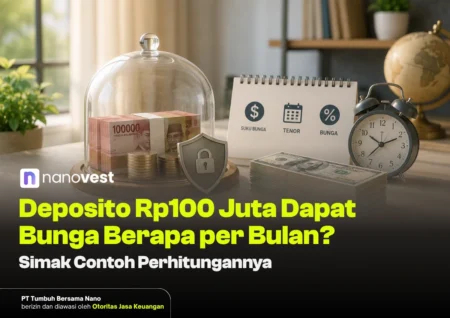Stacks of Indonesian rupiah under a glass dome with a shield icon and a clock on a desk, illustrating a savings/investment article.