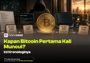 Hooded figure behind a glowing Bitcoin coin with milestone cards and laptops, illustrating cryptocurrency history.