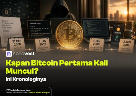 Hooded figure behind a glowing Bitcoin coin with milestone cards and laptops, illustrating cryptocurrency history.