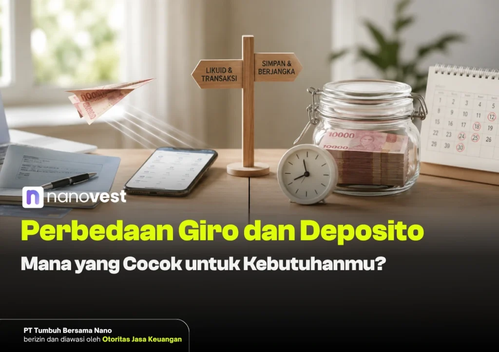 Desk scene showing a wooden signpost 'Likuid & Transaksi' and 'Simpan & Berjangka' beside a jar of money, clock, phone, and calendar for a Nanovest article about Giro vs. Deposito