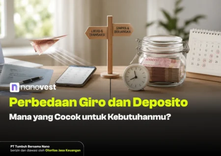 Desk scene showing a wooden signpost 'Likuid & Transaksi' and 'Simpan & Berjangka' beside a jar of money, clock, phone, and calendar for a Nanovest article about Giro vs. Deposito