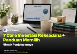 Desk setup with laptop showing financial charts, a notebook and pen, mug, jar of coins, and a stack of investment books beside a calendar. Overlay reads '7 Cara Investasi Reksa dana'.
