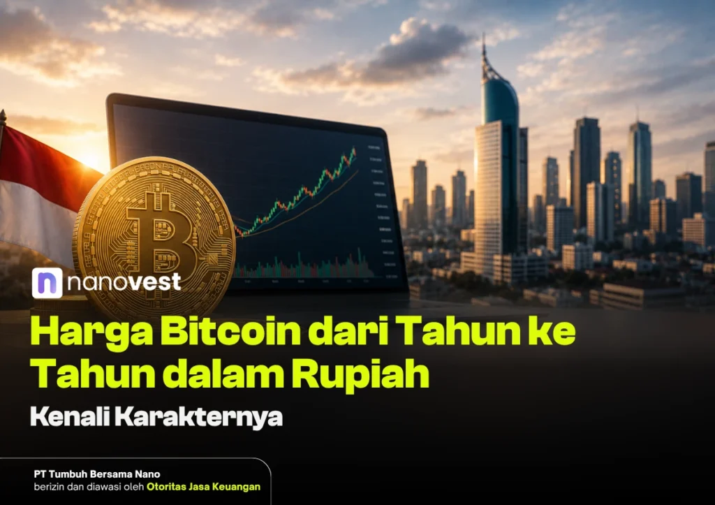 Harga Bitcoin dari Tahun ke Tahun dalam Rupiah Bitcoin coin in the foreground with a laptop displaying a rising price chart and a city skyline in the background; article about Bitcoin prices in Rupiah (year-by-year).