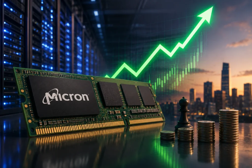 Saham Micron Technology Rebound 10%, Ini Potensi Nilai Investasi pada Pertengahan 2027 Micron RAM module in a server rack with a green upward-trending chart in the background and a city skyline at dusk.