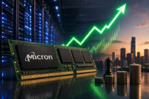 Micron RAM module in a server rack with a green upward-trending chart in the background and a city skyline at dusk.