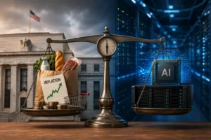 A balance scale shows groceries, money, and an inflation chart on the left, and AI computer hardware on the right, illustrating economic pressure versus technology.