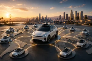 Electric SUV at center on a map-shaped platform, connected to self-driving cars worldwide by glowing lines. Showcases connected autonomous mobility network.