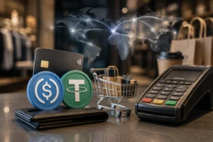 Checkout scene with a wallet, credit card, a tiny shopping cart with bags, and a payment terminal, conveying a secure payment at checkout.