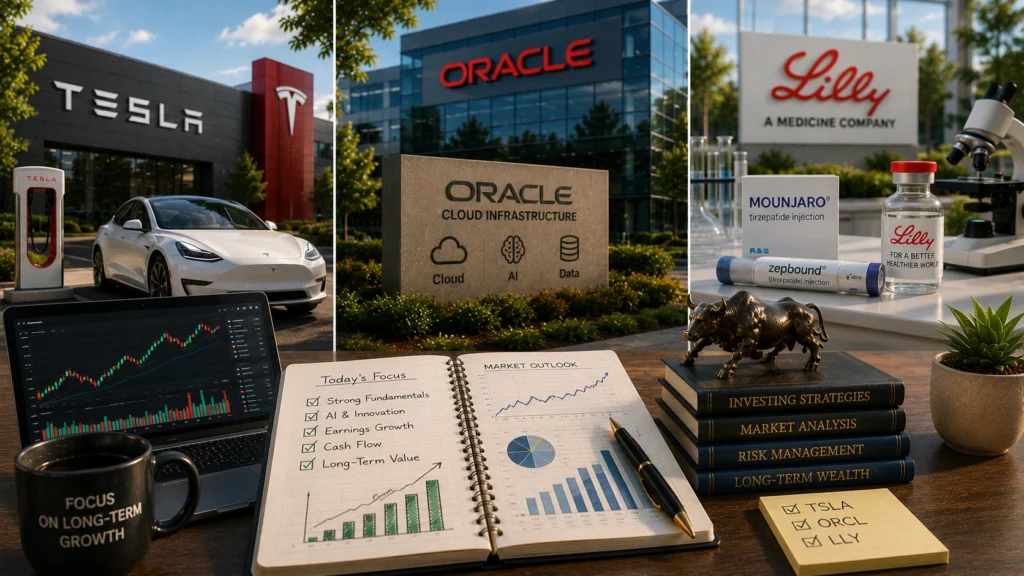 Three-panel corporate scene: left shows a Tesla car and charging station, center features an Oracle building with a 'Cloud Infrastructure' sign, right shows a Lilly sign with lab items on a desk.