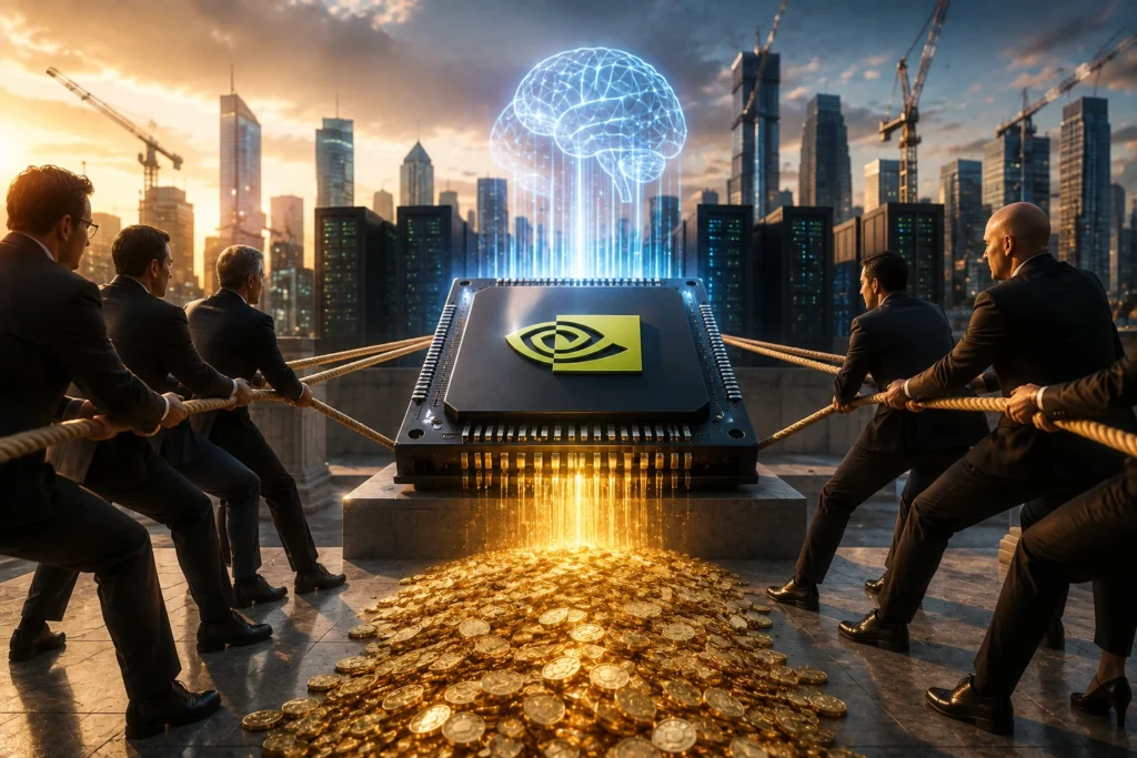Nvidia Gandeng Wall Street untuk Biayai AI US$500 Miliar Businesspeople in suits pull ropes attached to a large mining machine pouring gold coins, with a glowing brain hologram over a cityscape.