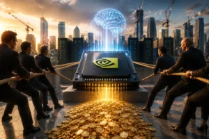 Businesspeople in suits pull ropes attached to a large mining machine pouring gold coins, with a glowing brain hologram over a cityscape.