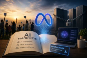 Open book labeled 'AI MANIFESTO' with a glowing infinity symbol and digital circuit lines; a laptop and coffee cup sit on a desk, while people in the background hold up tablets at sunset.