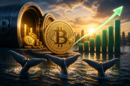ETF Bitcoin Kembali Diburu, Apakah Bear Market Mulai Berakhir? Golden Bitcoin coins spill from a vault onto a platform, with a green upward-trending bar chart and city skyline in the background, signaling crypto growth at sunset.
