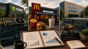 Collage of three company buildings (NVIDIA, McDonald’s, Cisco) behind a desk with stock charts on a laptop, an open investment notebook, a burger, fries and a drink, a bronze bull statue, and finance books beside a server rack.
