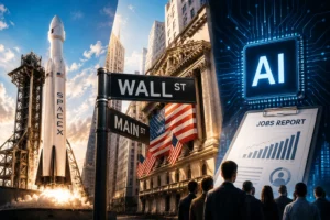 Collage showing Wall Street signs with a rocket on a launch pad, NYC buildings, American flags, and a glowing AI chip with a jobs report chart in the foreground.