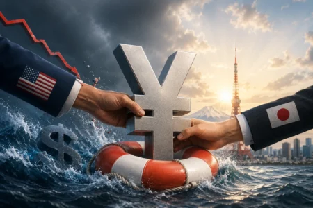 Two business-suited hands grip a large Yen symbol over a lifebuoy, with US- and Japan-flag sleeves and crashing waves in the scene.