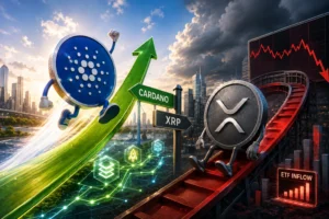Cartoon Cardano and XRP coins race up a bright green arrow ramp toward a futuristic city, with a red downward ETF chart in the background.