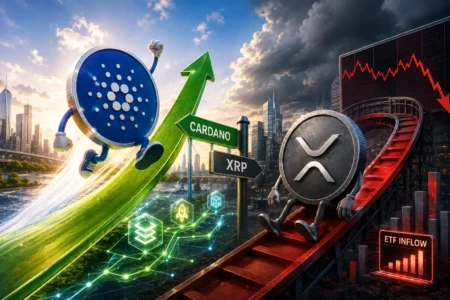 Cardano Melesat, XRP Belum Ikuti Arus ETF Cartoon Cardano and XRP coins race up a bright green arrow ramp toward a futuristic city, with a red downward ETF chart in the background.