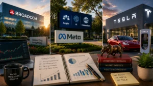Desk with an open notebook of earnings graphs, a pen, laptop, and a mug that says 'FOCUS ON QUALITY GROWTH' beside finance books; Broadcom, Meta, and Tesla signs in the background outside a corporate campus.