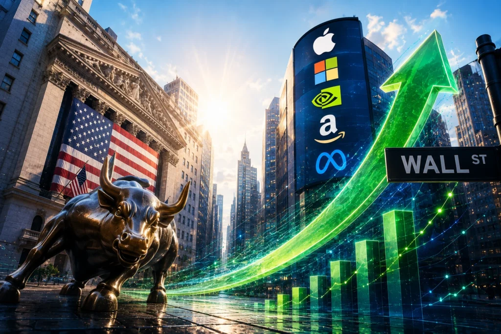 Charging Bull statue on Wall Street with an upward-moving green graph and tech company logos (Apple, Microsoft, Nvidia, Amazon, Meta).