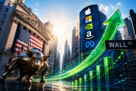 Reli Wall Street Berlanjut, Big Tech Ambil Alih Panggung Charging Bull statue on Wall Street with an upward-moving green graph and tech company logos (Apple, Microsoft, Nvidia, Amazon, Meta).