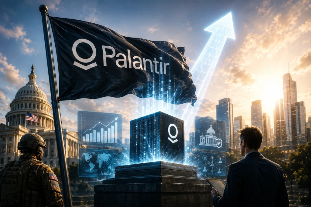 Palantir flag fluttering above holographic data panels and a glowing upward arrow, with a suited man examining data nearby.