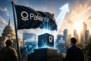 Palantir flag fluttering above holographic data panels and a glowing upward arrow, with a suited man examining data nearby.