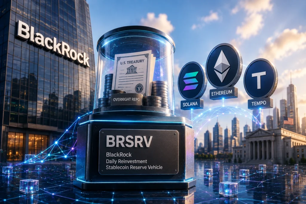Futuristic vault labeled BRSRV outside BlackRock, with coins and U.S. Treasury notes beside Solana, Ethereum, and Tempo logos.
