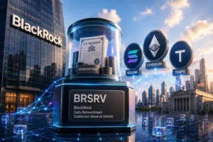 Futuristic vault labeled BRSRV outside BlackRock, with coins and U.S. Treasury notes beside Solana, Ethereum, and Tempo logos.