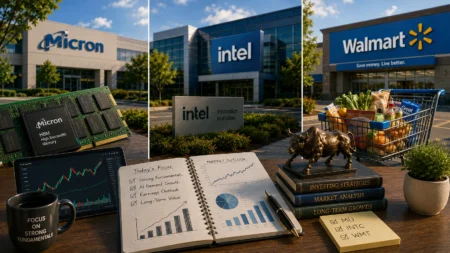 Investment-themed desk scene with Micron, Intel, and Walmart logos in the background; foreground shows a notebook, stock charts, a bull statue, books, a memory module, and a grocery cart full of items.