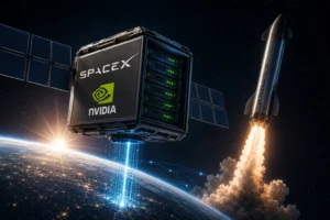 A satellite-like server cube labeled SpaceX and NVIDIA in orbit with solar panels, rocket launch in the background toward space.