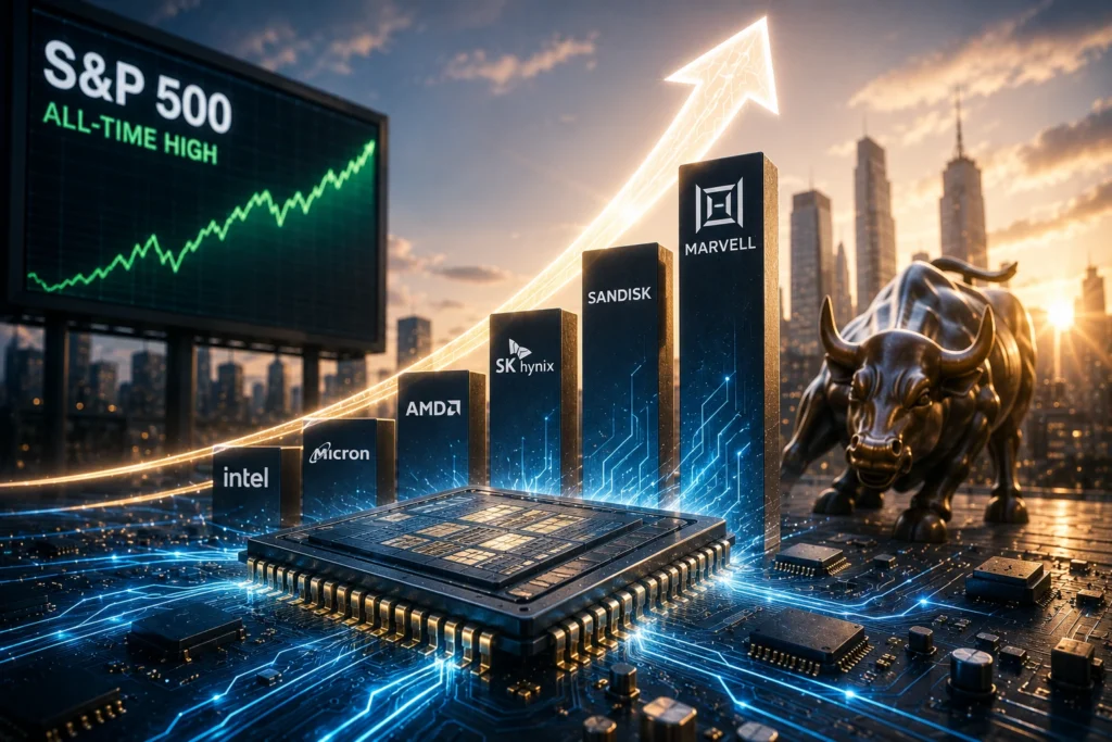 Reli Chip dan Semikonduktor Dorong S&P 500 ke Level Tertinggi Tech-finance scene with an upward arrow, S&P 500 all-time high on a monitor, and stacked chip logos (Intel, AMD, Micron, SK hynix, Sandisk, Marvell) near a bull statue on a circuit board.