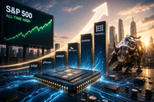 Tech-finance scene with an upward arrow, S&P 500 all-time high on a monitor, and stacked chip logos (Intel, AMD, Micron, SK hynix, Sandisk, Marvell) near a bull statue on a circuit board.