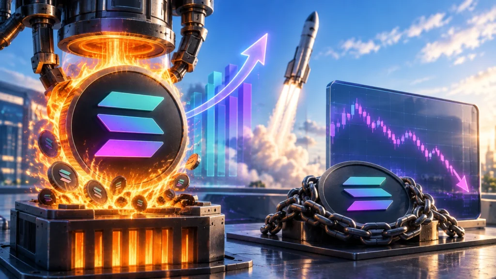 Futuristic minting scene with Solana coins, fiery forge, stacked coins, a rising chart, and a rocket in the background.
